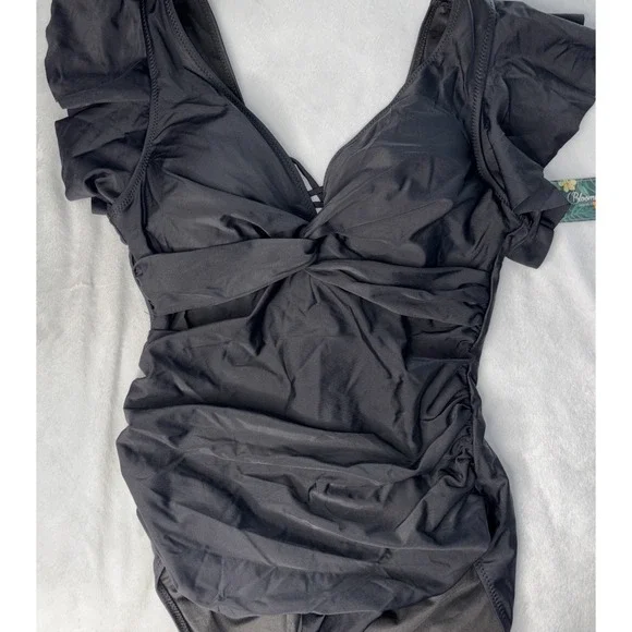 Blooming Jelly Women's One Piece Swimsuit XL Black Flutter Sleeved Ruched Tummy - Picture 2 of 5